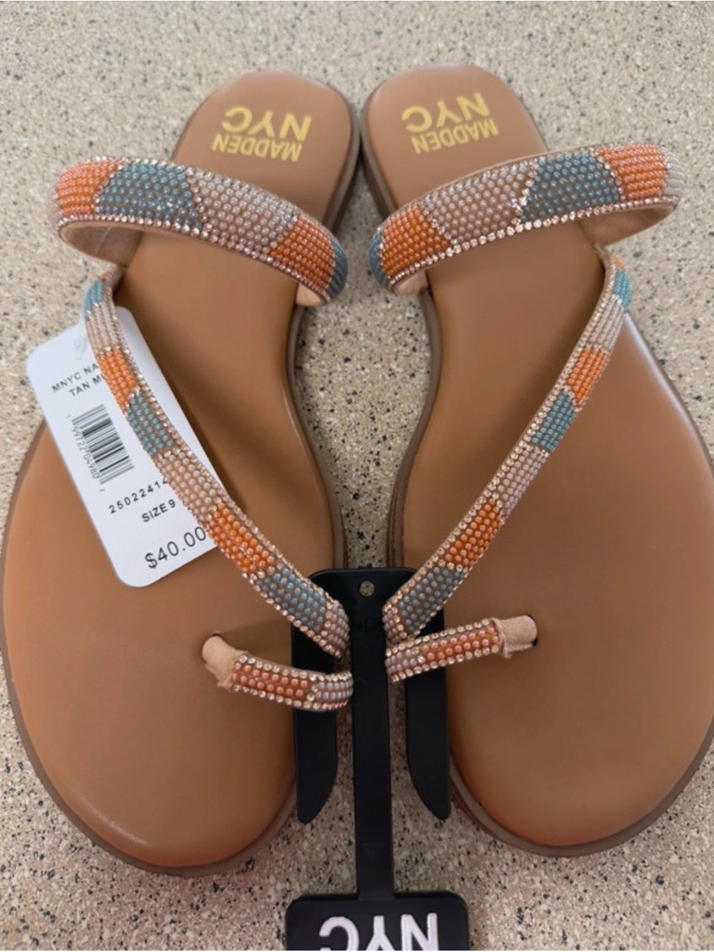 Steve Madden Tan Beaded Thong Sandals with Multicolor Accents